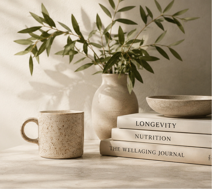 A styled interior scene with a ceramic journal, a speckled mug, a small vase with greenery, and stacked books on a light surface. Text on the left reads 'WELLAGING Journal' with Spanish copy below.